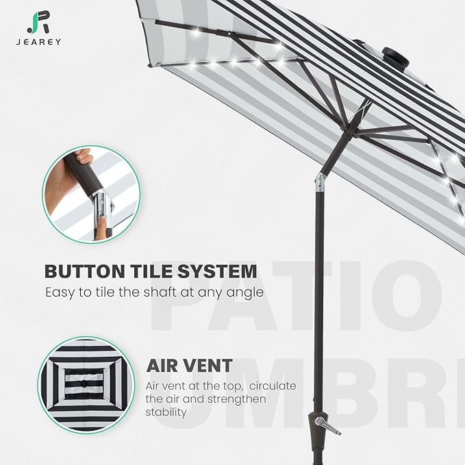 JEAREY 6.5x10 ft Rectangular LED Lighted Patio Umbrellas Outdoor Solar Table Market Umbrella w/Push Button Tilt/Crank, 6 Sturdy Ribs, UV Protection Waterproof Sunproof(Black-White Stripe)