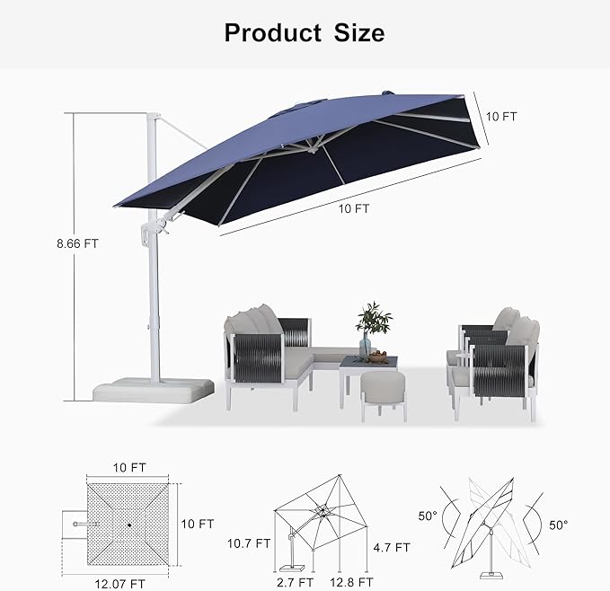 PURPLE LEAF 10 FT Right-left Tilt White Cantilever Umbrella with Base Patio Outdoor Swivel Umbrellas with Aluminum Tilt Offset Umbrella with 360° Rotation for Deck Pool, Navy Blue
