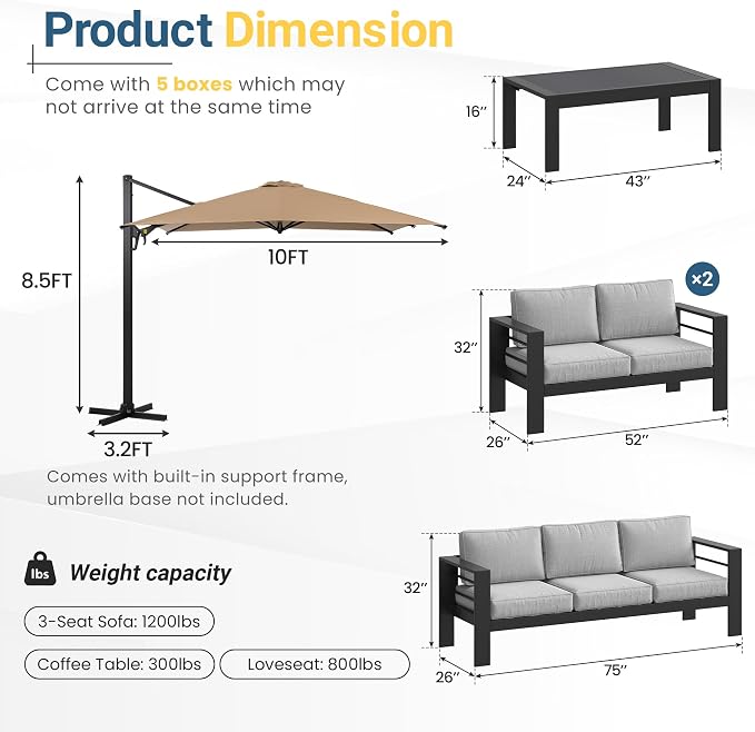 Wisteria Lane 5 Pieces Aluminum Patio Furniture Set with Umbrella, All Weather Oversized Outdoor Furniture Set with Deep Seat and Back Cushion, Patio Conversation Sets Wide armrest, Light Gray & Kahki