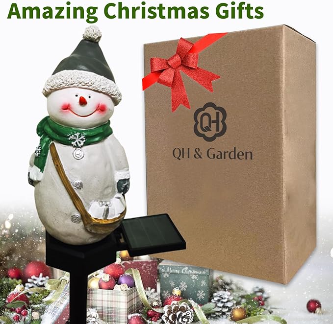 QH & Garden Resin Snowman Solar Lights Outdoor Waterproof - Christmas Garden Stake Lights for Outdoor Christmas Decorations, Snowman Stake Landscape Lamp for Patio Yard