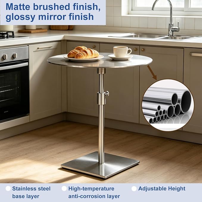 Stainless Steel Round Dining Table - Metal Breakfast Bar & Coffee Side Table for Cafes, Restaurants, Outdoor Patios - 50cm Diameter Silver Side Tables