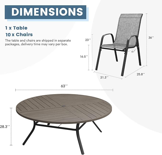 DIFY 11 Piece Outdoor Dining Set, 63" Grey Wood-Like Round Metal Dining Table and Grey Textilene Stackable Patio Chairs, Patio Table and Chairs Set for 10 with Umbrella Hole for Backyard Garden Deck