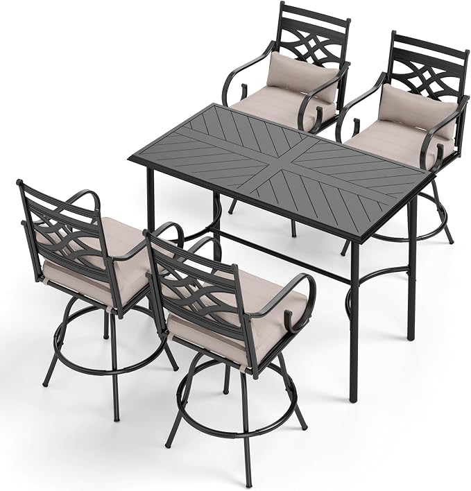 MFSTUDIO 36.2” Patio Counter Height Bar Table, with Rectangular Heavy Duty Metal Table Top for 4, All Weather Resistant Outdoor Table, Black
