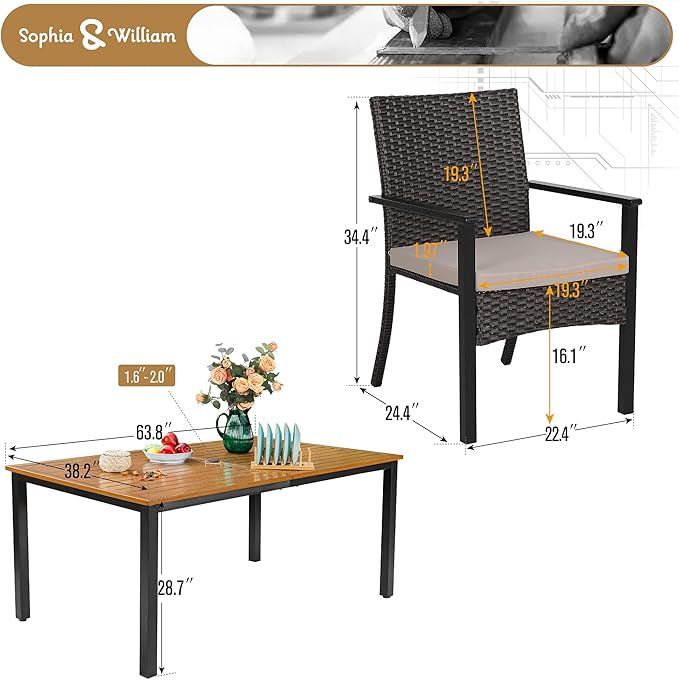 Sophia & William 7 Pieces Patio Dining Set for 6, Rectangular Patio Table and Chairs Set, Metal Outdoor Table and Rattan Chairs