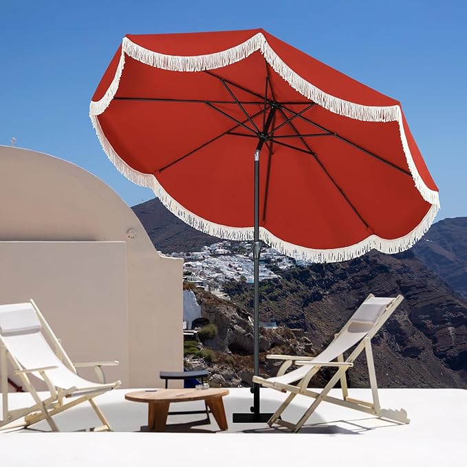 Tempera 9ft Red Scalloped Patio Umbrella with Fringe,UV Protection Fade Resistant Canopy, 8 Sturdy Ribs, Outdoor Table Umbrella with Crank Tilt for Lawn, Pool, Deck, Balcony