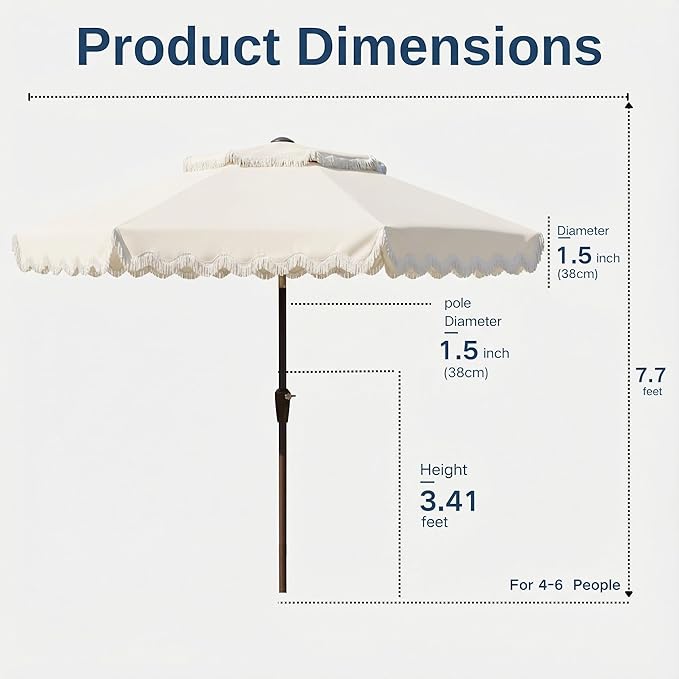 9FT Patio Umbrella with Fringe,Tassel Umbrella with Push-Button Tilt | UPF 50+ & Rust-Resistant Fiberglass Frame for Patio, Pool,Garden,YardCreamy-white