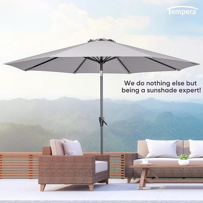 Tempera Patio Market Outdoor Table Umbrella with Push Button Tilt and Crank, Large Sun Umbrella with Sturdy Pole & Fade Resistant Canopy, Easy to Set