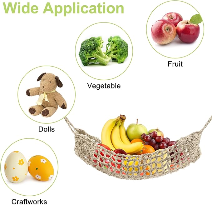 2Pcs Macrame Fruit Hammock, Cotton Fruit Holder Net, Under Cabinet Veggie Storage Space Saving Kitchen Decor with Hooks