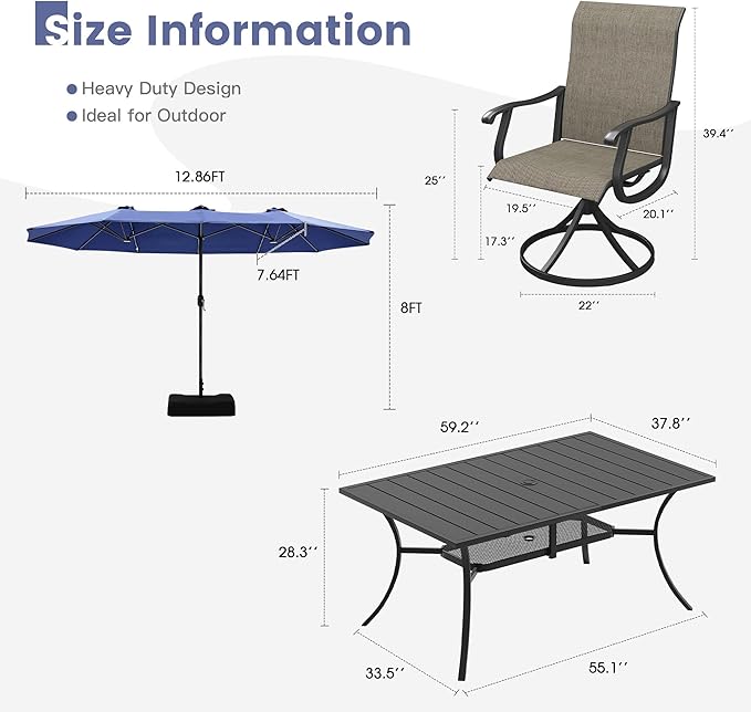 VICLLAX 8 Pieces Patio Dining Set with Patio Umbrella, 6 Patio Swivel Chairs and Metal Patio Table with 15ft Blue Outdoor Umbrella for Backyard, Mixed Brown Chairs & Black Tabletop