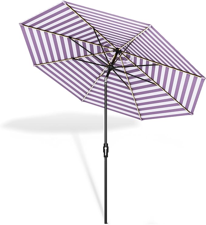 Midtown Umbrellas The LED Swilt 10 Feet Patio Umbrella With Terylast Midtown Stripes Purple/White Polyester Fabric - Auto-Tilt Aluminum Frame w/LED Light For Backyard, Deck, Garden, Pool - Black Pole