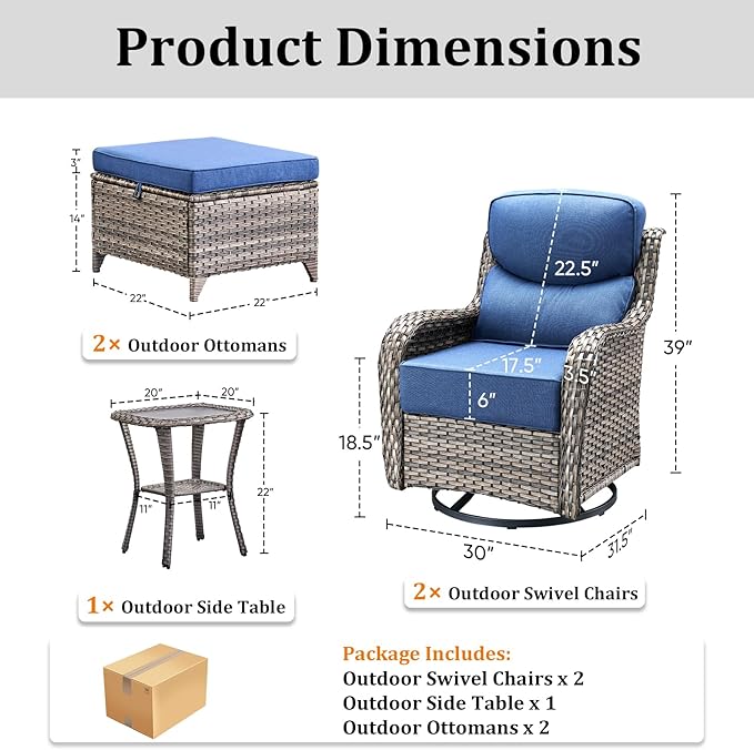 Luxury Outdoor Swivel Rocker Patio Chairs Set of 5, High Back Patio Chairs with Side Table & 6" Thick Cushions, Ottomans, Wicker Outdoor Bistro Set for Porch, Yard, Deck, Poolside, Grey/Blue