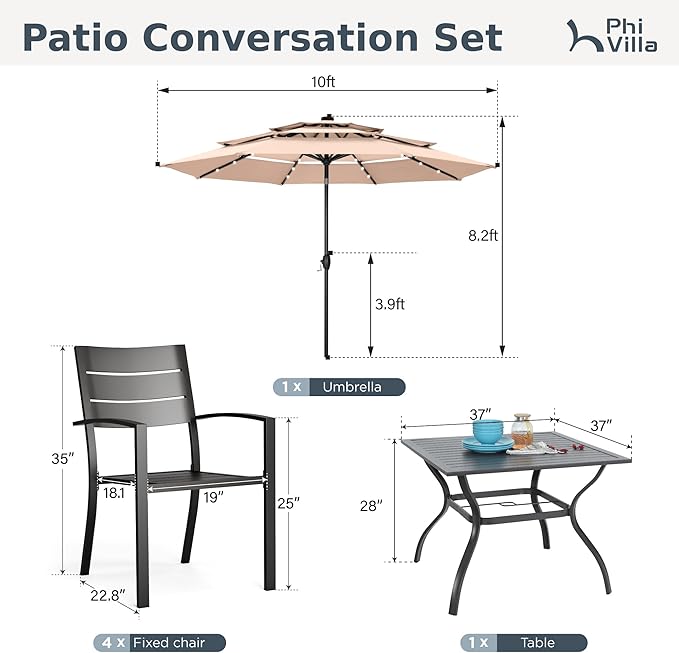 PHI VILLA 5 Pieces Outdoor Dining Set with Umbrella for 4, 37" Square Metal Steel Table & Stacking Wrought Iron Chairs & 3-Tier Beige Umbrella, Outside Furniture Set for Patio, Deck, Porch, Backyard