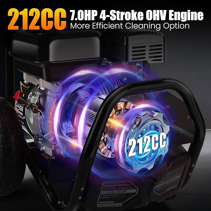 Professional 4200PSI 4GPM 212CC Gas Pressure Washer, 33FT Hose 3L Foam Bottle 10" Wheels 7HP Commercial Gas Power Washer with 5 Nozzles for Home Car Fence Driveway Yard (EPA/CARB/ETL Compliant) Black