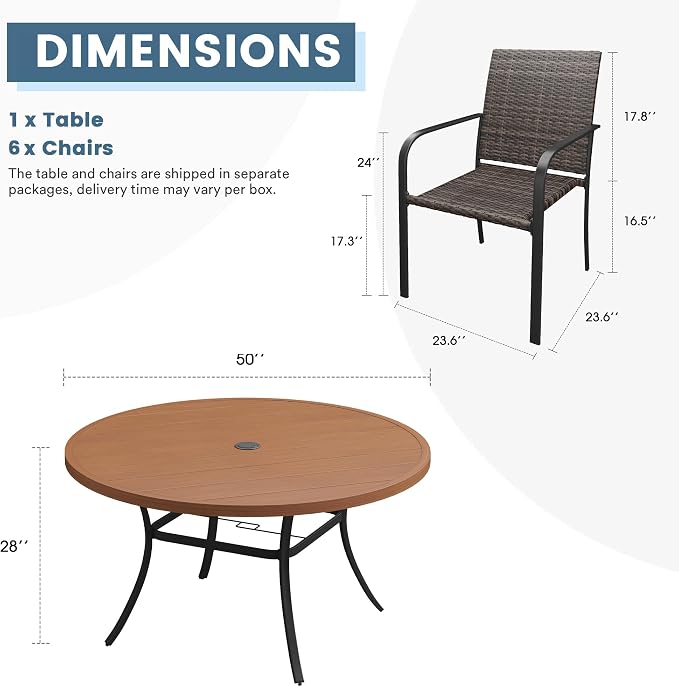 DIFY 7 Piece Outdoor Dining Set, Patio Table and Chairs Set for 6 with Umbrella Hole, 50" Walnut Round Dining Table & Stackable Wicker Patio Chairs, Metal Patio Furniture Set for Garden Backyard