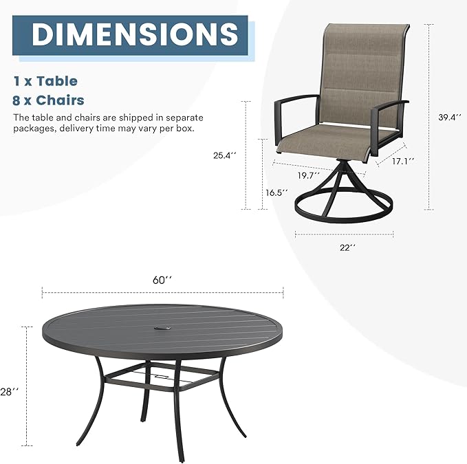 DIFY 9 Pieces Outdoor Patio Dining Set, 8 Brown Padded Textilene Swivel Dining Chairs and 60" Black Round Metal Dining Table, Outdoor Table and Chairs for Poolside Backyard Deck