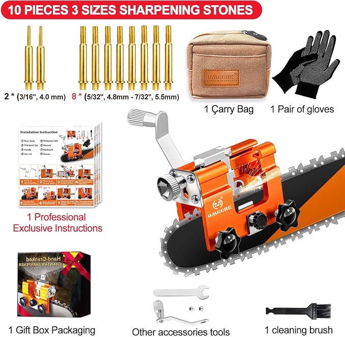 Chainsaw Sharpener with 10 High Hardness Titanium Plated Diamond Bits, Portable Manual Chainsaw Sharpening Jig Kit Tool, Chain Saw Blade Sharpener Accessories Fit for 4"-22" Chain Saws