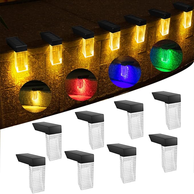 Solar Stair Lights IP65 Solar Step Light for Outdoor Stairs Waterproof for Rain Snow Lights for Patio Garden Porch Deck Front Step (Warm +RGB-8Pack)