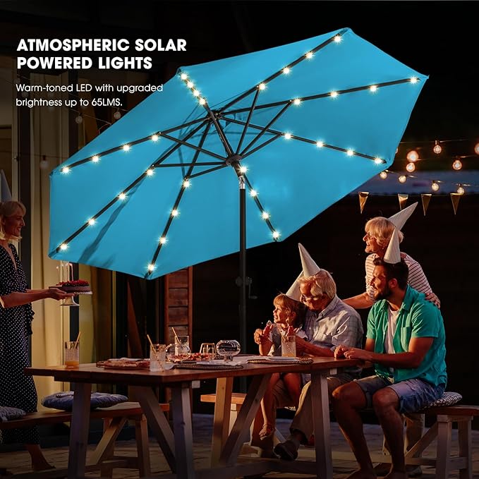 wikiwiki 9FT Solar Led Patio Umbrella with Base Included, 32 LED Lights, 8 Sturdy Ribs, Fade Resistant Waterproof POLYESTER DTY Canopy for Garden, Lawn, Deck, Backyard & Pool, Sky Blue