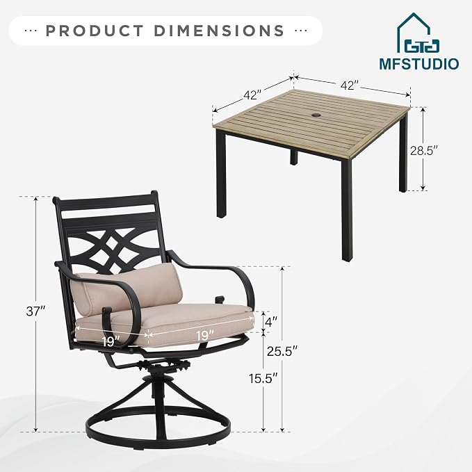 MFSTUDIO Patio Dining Set, 42" Square Wood-Look Table, Swivel Chairs | Umbrella Hole, Seats 4, All-Weather Use