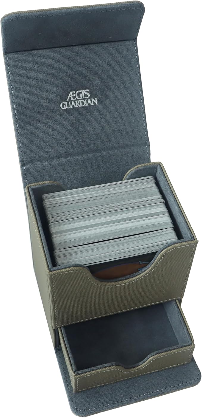 AEGIS GUARDIAN Commander Deck Box with Dice Tray for MTG Cards, Hold 150+ Sleeved Cards fit TCG CCG, PU Leather Card deck box Strong Magnet Deck Game Case, Sandy Brown