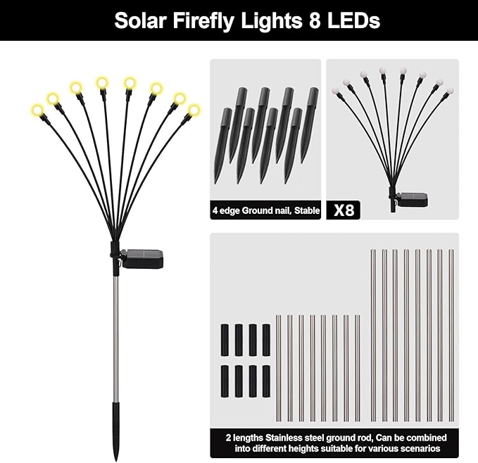 Firefly Lights Solar Outdoor, 8 Modes 800mAh Swaying Solar Firefly Garden Lights Stakes Outdoor Waterproof for Outside Yard Patio Plant Christmas Holiday Garden Decor Warm White(8 Pack)