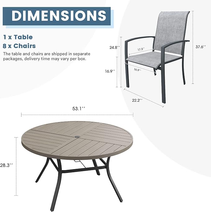 DIFY 9 Pieces Outdoor Dining Set, Metal Patio Table and Chairs Set for 8 with Umbrella Hole, 53.1" Round Dining Table and Textilene Stackable Patio Chairs for Garden Backyard Poolside, Grey Wood-Like