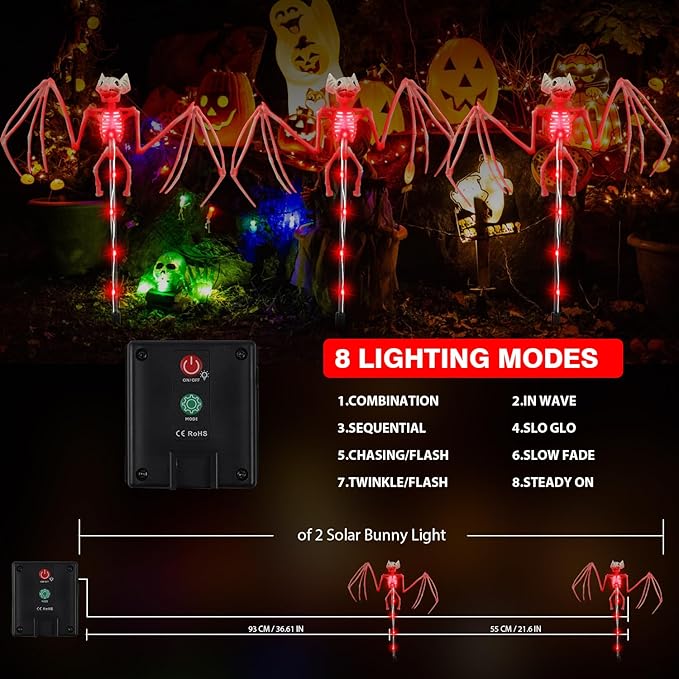 2PCS of Set Solar Garden Lights Outdoor for Halloween Decorations,3D RED Scary Bat Realistic Skeleton Decor for Halloween Party Decor,Solar Bats Path Lights for Lawn/Porch/Creepy Grave Décor