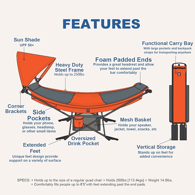 Portable Hammock with Stand, World's Best Mock ONE® Hammock, Compact Folding Framed Hammock with Adjustable Sunshade Canopy for Park, Backyard, Garden, Camping, Hiking, Mountaineering, Beaches- Orange