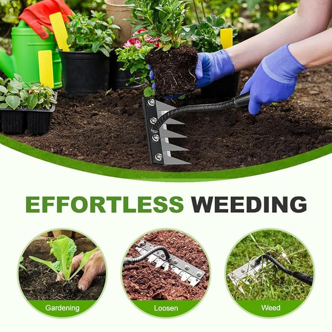 Iron Weeding Rake 2.0, 2026 New 5/6/7/8 Teeth Carbon Steel Garden Weeder Rakes, Heavy-Duty Garden Hand Weeder Puller Tool for Yard Lawn and Gardens, Iron Rake for Gardening and Weedings (8 Teeth)