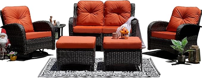 Patio Furniture Conversation Set with Ottomans, 6 Piece Wicker Patio Swivel Rocking Chairs with 360° Swivel Glider and Glass Coffee Table for Porch, Deck, Garden,Red