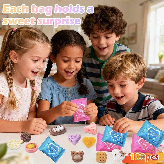100PCS Mystery Blind Bag Mini Food Toy Set, Squishy Surprise Toys Bulk, Pretend Play Kitchen Food, Dollhouse Accessories Miniature Food Figures, Sensory Fidget Toys, Party Favor Gift Pack for Kids