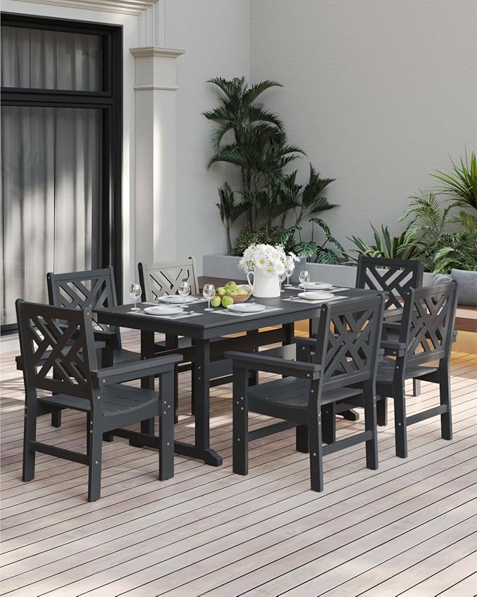 7-Piece Outdoor Dining Set, HDPE All-Weather Patio Table and Chairs Set for 6, Outdoor Patio Furniture Sets with Umbrella Hole for Outside, Deck, Backyard, Garden (Black)