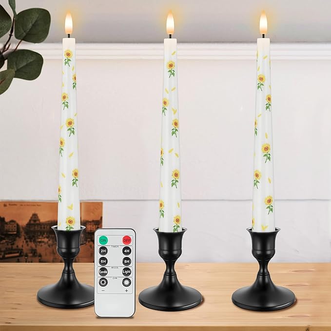 Sunflower Taper Candles Battery Operated, 9.6" Real Wax Flameless Candles with Remote, Flickering LED Candlesticks for Home, Wedding, Party Decor, 3 Pack