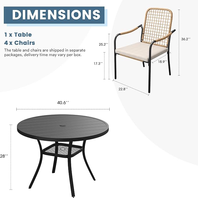 DIFY 5 Pieces Outdoor Dining Set for 4, 40.6" Round Dining Table with Umbrella Hole & Wicker Stackable Patio Chairs with Cushions, Metal Patio Table and Chairs Set for Backyard Porch Garden, Black