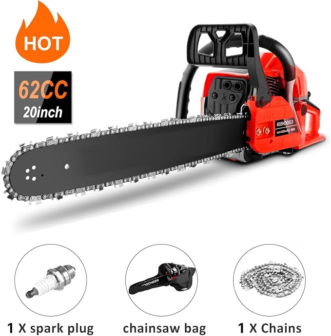 62CC Gasoline Chainsaw with 20-Inch Bar, 3.5HP 2-Stroke Gas Powered Chain Saw for Logging, Landscaping, and Firewood Cutting, Heavy Duty Tree Saw for Farm, Garden and Ranch Use