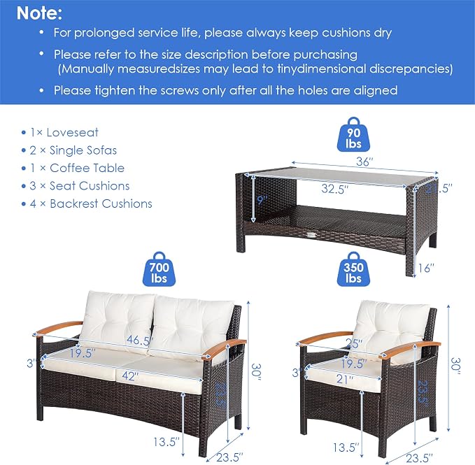HAPPYGRILL 4 Piece Patio Conversation Set Rattan Sectional Sofa Set with Soft Cushions and Coffee Table, Outdoor Wicker Furniture Set with Acacia Wood Armrests, Perfect for Poolside, Garden, Backyard