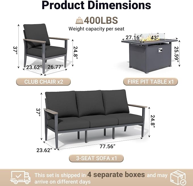 Aluminum Outdoor Patio Furniture Set, 4-Piece Outdoor Sofa with 5.1" Thick Cushions, 55,000 BTU Propane Fire Pit Table, Outdoor Couch for Balcony, Porch, Black