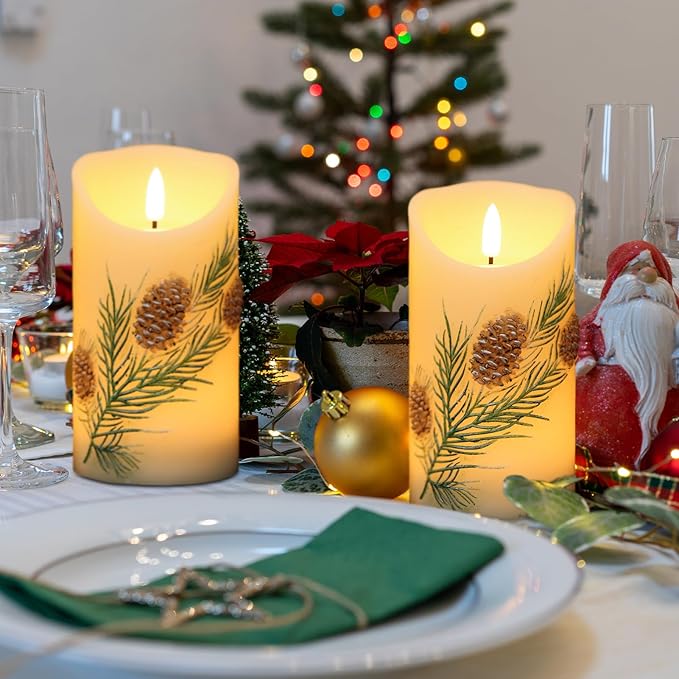 Wondise Flameless Candles with Timer, Battery Operated Flickering 3D Wick Real Wax Pine Cone Candles for Christmas Holiday Indoor Decoration, Set of 2, Ivory(D3 x H5.7 Inch)