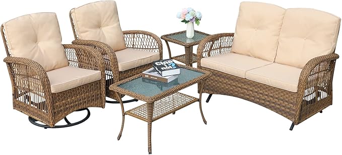 MEETWARM 5 Pieces Outdoor Patio Rattan Furniture Sets, All Weather Patio Wicker Conversation Set - 2 Rocking Swivel Chairs 1 Rattan Loveseat Glider with Cushions, 2 Glass-Top Coffee Table, Beige