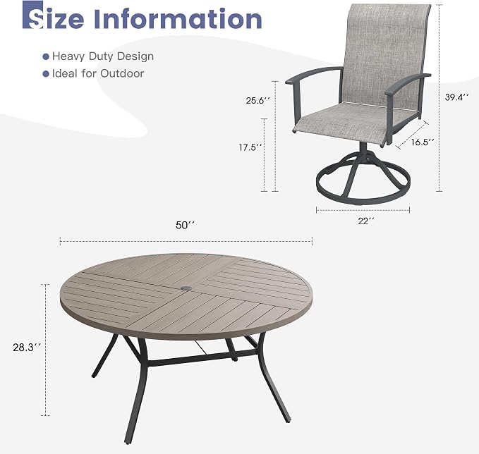 VICLLAX Outdoor Table and Chairs Set for 6, Patio Dining Set of 50" Metal Round Patio Table with Umbrella Hole & 6 Swivel Outdoor Dining Chairs for Backyard Lawn, Grey & Antique Grey