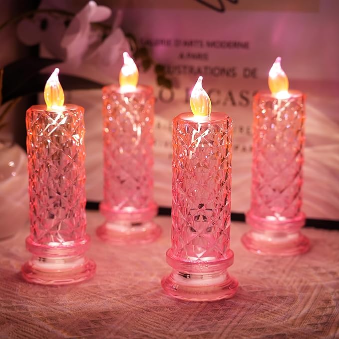 SupBri Rose Shadow LED Flameless Candles, 4PCS Romantic Battery Operated Candles Led Pillar Candles for Valentines Romantic Propose Anniversary Wedding Decorations(Pink, D 2.5" x H 7.2")