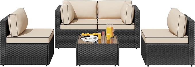 SUNLEI Outdoor Patio Furniture Set 5 Pcs, Rattan Balcony Furniture with Backrest Glass Table & Washable Cushions Small Conversation Patio Set with Sectional Design (Black/Khaki)