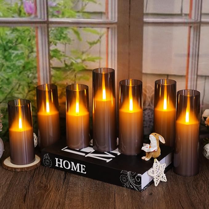 kakoya Flameless LED Candles Upgraded Realistic Flickering Flame,7Pcs Battery Operated Candles with Remote Timers,LED Pillar Candles for Home Decor,Christmas,and Parties(Grey)