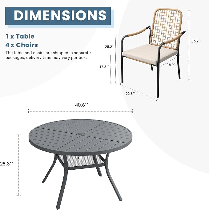 DIFY 5 Pieces Outdoor Dining Set, Metal Patio Table and Chairs Set for 4, 40.6" Round Dining Table with Umbrella Hole & Wicker Stackable Patio Chairs with Cushions, Grey Tabletop