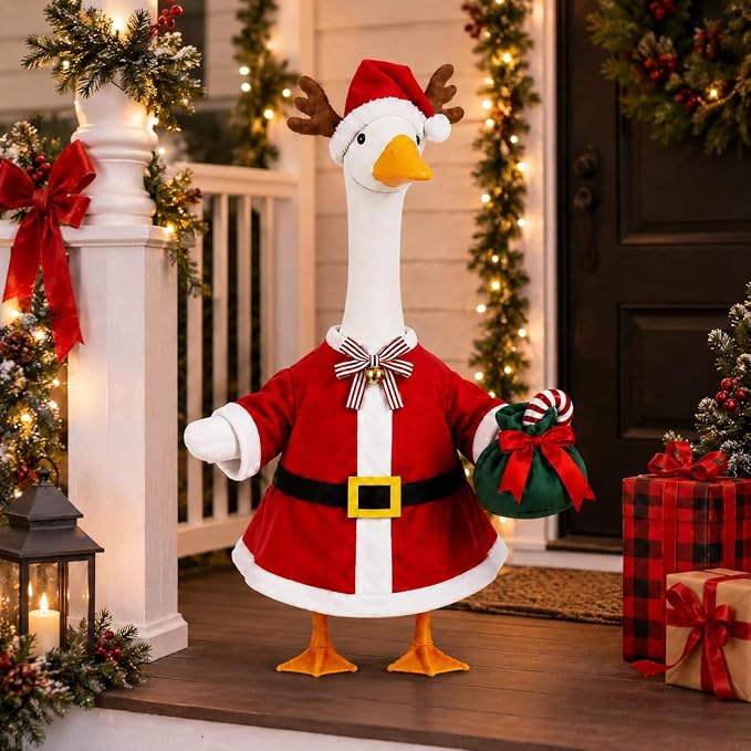 STONESTAR Christmas Porch Goose Outfits for 23" Goose Statue, Red Santa Coat with Antler Hat Jingle Bell Bow Tie Candy Cane Gift Bag Goose Costume for Patio Yard Xmas Santa Holiday Decor