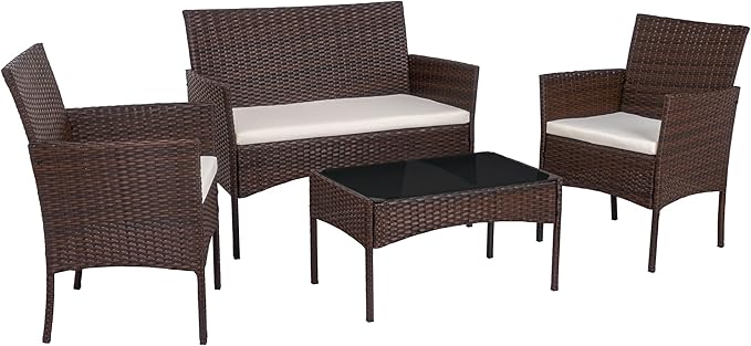 SUNLEI 4 Pieces Outdoor Patio Furniture Sets Conversation Sets Rattan Chair Wicker Set,Coffee Table,Outdoor Indoor Use Backyard Porch Garden Poolside Balcony Furniture(Brown Rattan/White)
