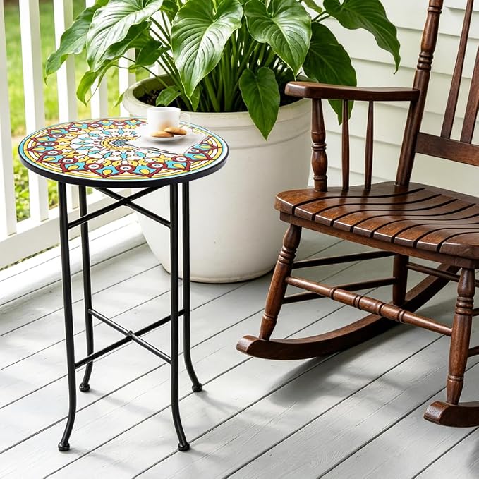 Mosaic Outdoor Side Table Small Round Patio Table Plant Stand | 21" Accent End Table with 14" Ceramic Tile Top for Small Spaces Porch Pool Garden Decor Indoor Living Room Bedroom Balcony