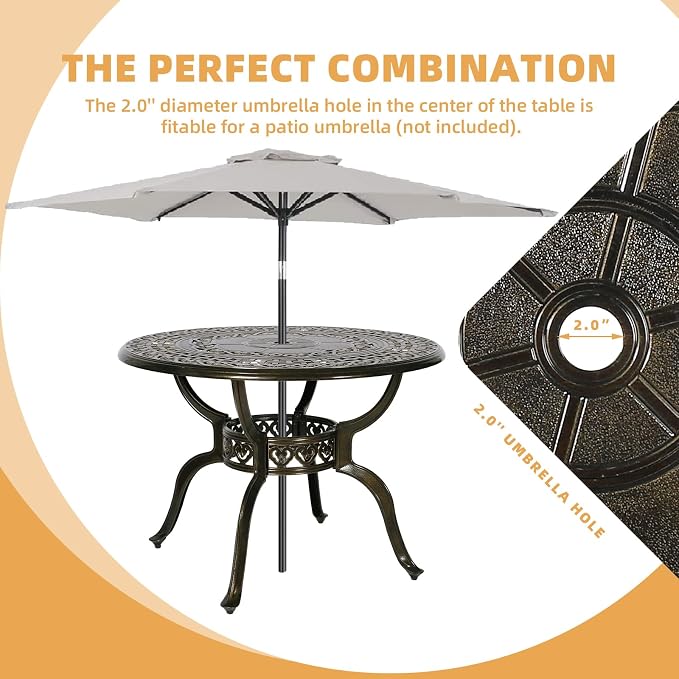 5 Piece Patio Dining Set, Outdoor Table and Chairs Set for 4 Cushioned Swivel Rocking Chairs and 38.5'' Round Table, All-Weather Cast Aluminum Patio Funiture Set, 2'' Umbrella Hole, Blue