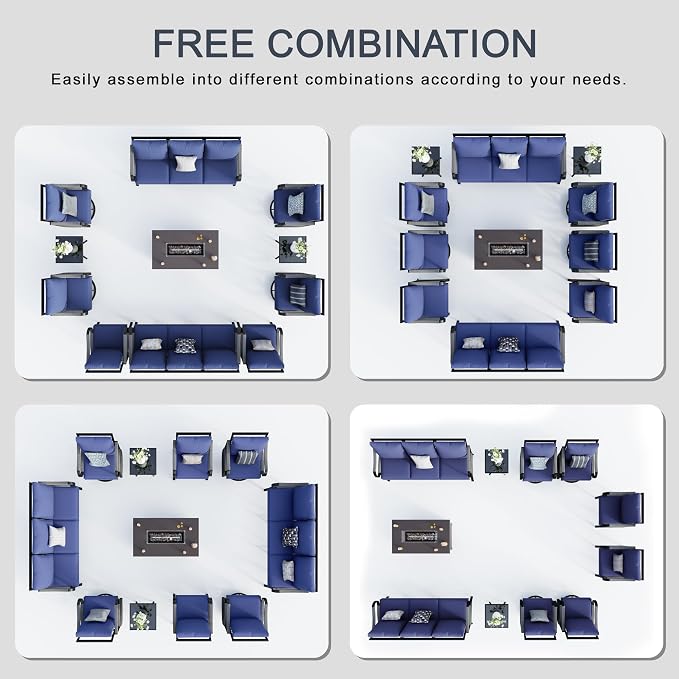 11 Pieces Patio Furniture Set, Metal Outdoor Conversation Sets with Fire Pit Table and Swivel Chairs for Backyard Garden Deck Porch Poolside (Thick Blue Cushions)