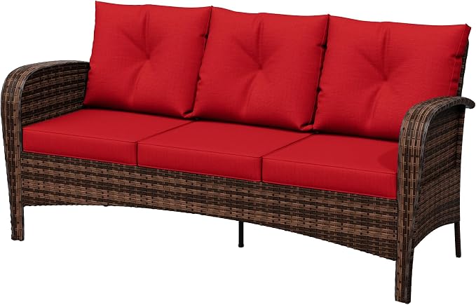 73" Patio 3-seat Sofa, Wicker Rattan Couch, Steel Frame Deep Seat Loveseat, Outdoor Conversation Furniture with Removable Cushions for Garden, Apartment, Front Porch (Red)